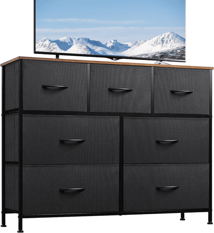 Dresser TV Stand, Entertainment Center with Fabric Drawers, Media Console Table with Metal Frame and Wood Top for TV up to 45 Inch, Chest of Drawers for Bedroom, Black and Rustic Brown