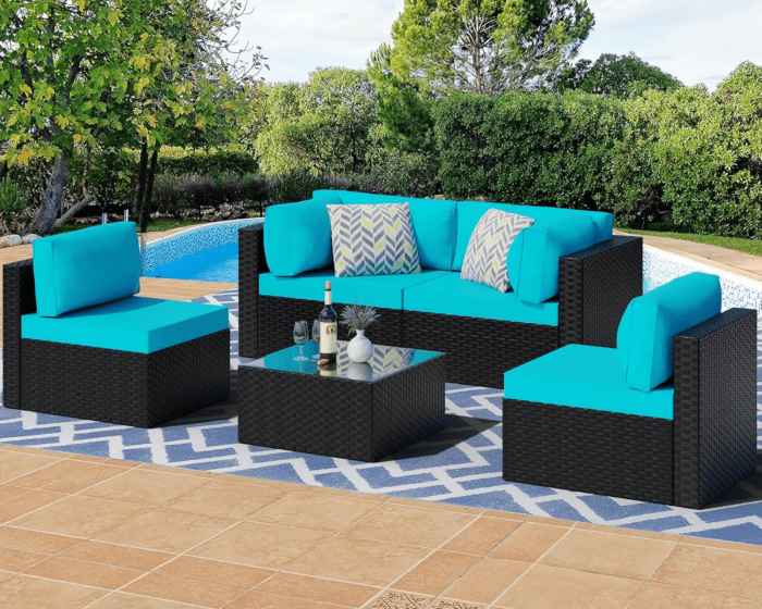 5 Pieces Outdoor Patio Sectional Sofa Couch, Black PE Wicker Furniture Sets, Patio Conversation Sets with Washable Cushions Glass Coffee Table for Garden, Poolside, Backyard,Blue