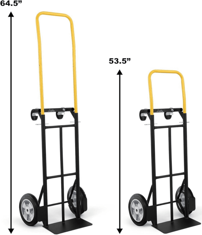 800 Lb Capacity 2 in 1 Convertible Hand Truck and Dolly with 10" Flat Free Rubber Wheels,Black with Yellow Handle. - Image 2