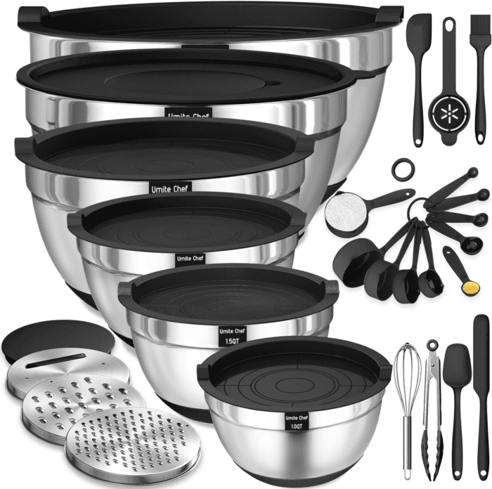 Mixing Bowls with Airtight Lids, 26Pcs Stainless Steel Bowls Set, 3 Grater Attachments & Black Non-Slip Bottoms Size 7, 4, 2.5, 2.0,1.5, 1QT, Great for Mixing & Serving