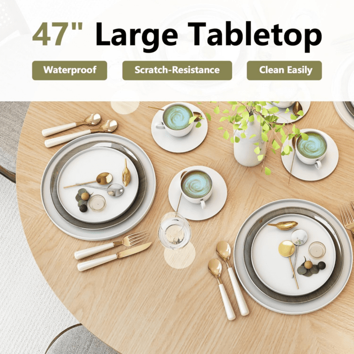 47 Inch round Dining Table for 4, Kitchen Table Dinner Table with 2-Layer Storage Shelf and Wood Slide Door for Home Dining Room Living Room (Natural) - Image 4