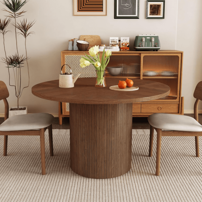 Round Dining Table for 4, Modern Farmhouse Kitchen Table, 47 Inch Small Circle Dining Tables with Wood Strip Base for Kitchen Living Room (Walnut) - Image 2