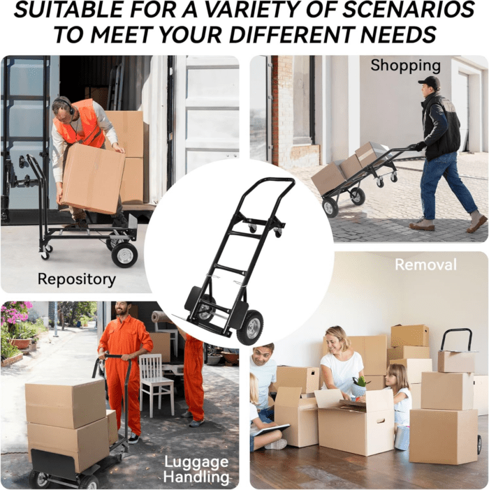 2 in 1 Convertible Hand Truck and Cart, Utility Dolly Platform Cart with Telescoping Handle 4 Wheels, 220 LB Heavy Duty Hand Cart for Luggage, Travel, Moving, Shopping, Office Use - Black - Image 7