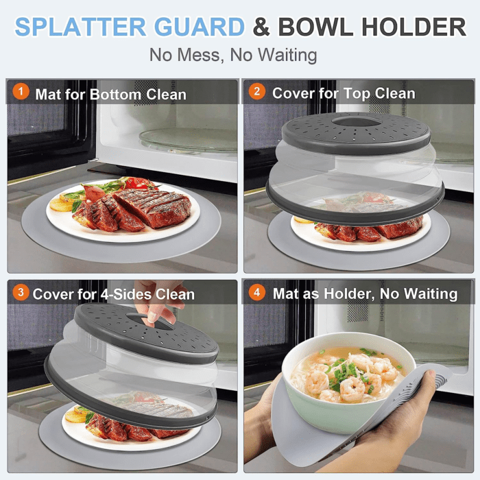 10 Inch Microwave Food Cover & Collapsible Silicone Mat - Splatter Guard, Plate Holder & Kitchen Colander for Meal Prep, Charcoal - Image 3