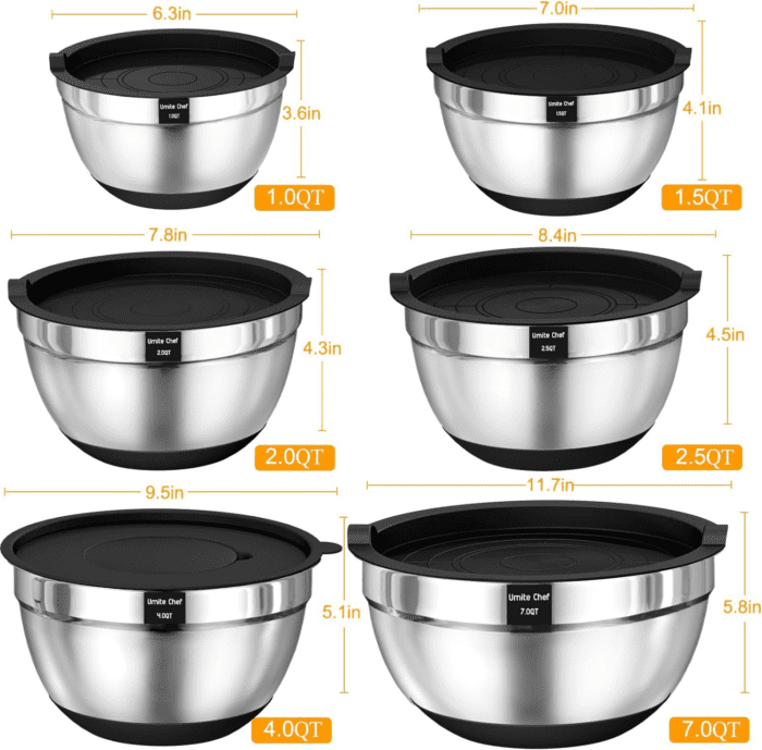 Mixing Bowls with Airtight Lids, 26Pcs Stainless Steel Bowls Set, 3 Grater Attachments & Black Non-Slip Bottoms Size 7, 4, 2.5, 2.0,1.5, 1QT, Great for Mixing & Serving - Image 7