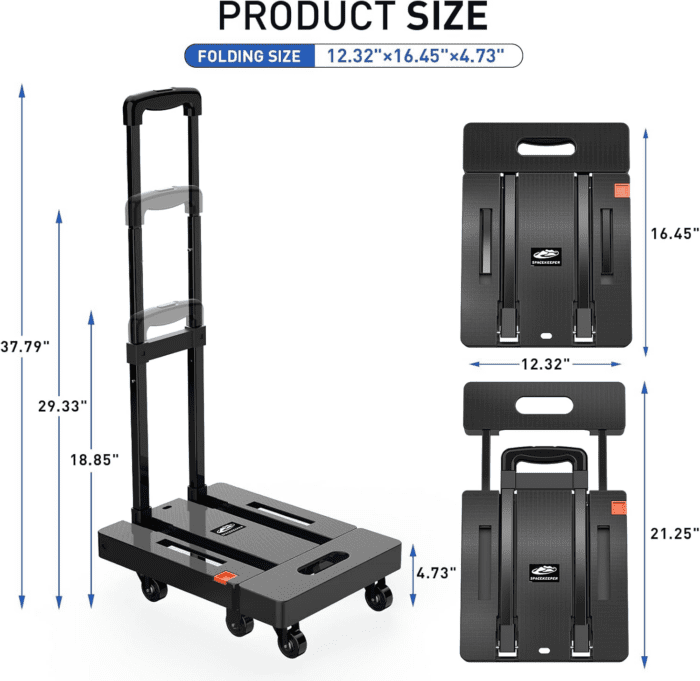 Folding Hand Truck, 500 LB Heavy Duty Luggage Cart, Utility Dolly Platform Cart with 6 Wheels & 2 Elastic Ropes for Luggage, Travel, Moving, Shopping, Office Use, Black - Image 2