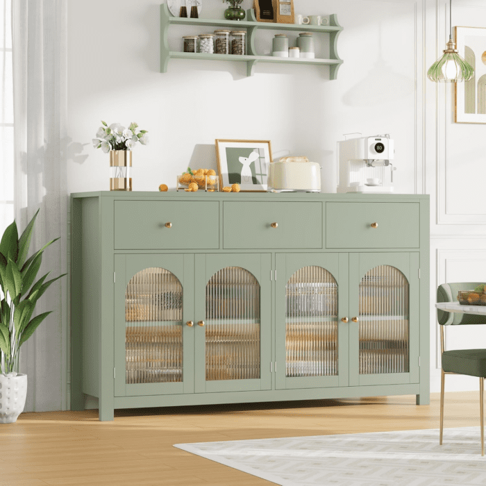 Buffet Cabinet with Storage, 55.1" Large Sideboard Buffet Cabinet, Farmhouse Kitchen Cabinet Display Cabinet with 3 Drawers and 4 Doors, Wood Coffee Bar Cabinet for Kitchen, Green - Image 5