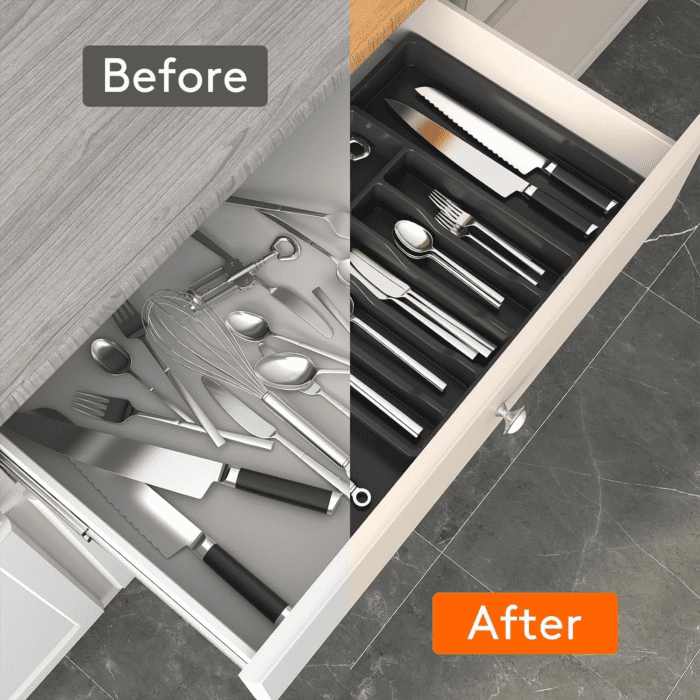 Silverware Drawer Organizer, Expandable Utensil Tray for Kitchen, BPA Free Flatware and Cutlery Holder, Adjustable Plastic Storage for Spoons Forks Knives, Large, Black - Image 6