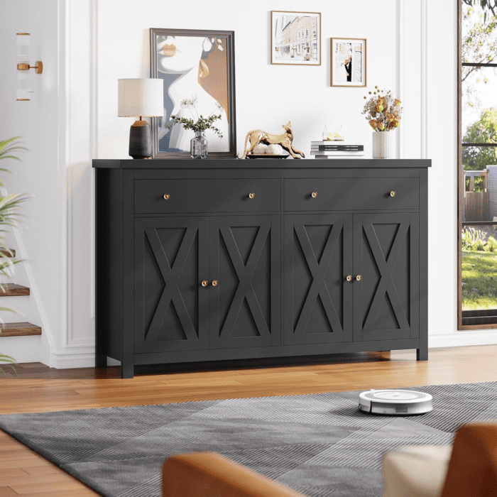 Sideboard Buffet Cabinet with Storage, 55" Large Kitchen Storage Cabinet with 2 Drawers and 4 Doors, Wood Coffee Bar Cabinet Buffet Table Console Cabinet for Kitchen Dining Room, Black - Image 4