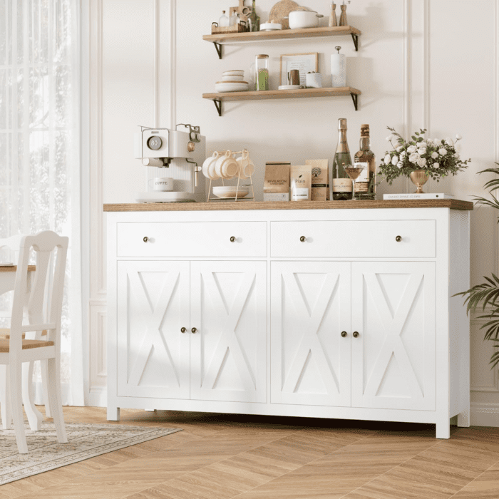 Sideboard Buffet Cabinet with Storage, 55" Large Kitchen Storage Cabinet with 2 Drawers and 4 Doors, Wood Coffee Bar Cabinet Buffet Table Console Cabinet for Kitchen Dining Room, White - Image 5