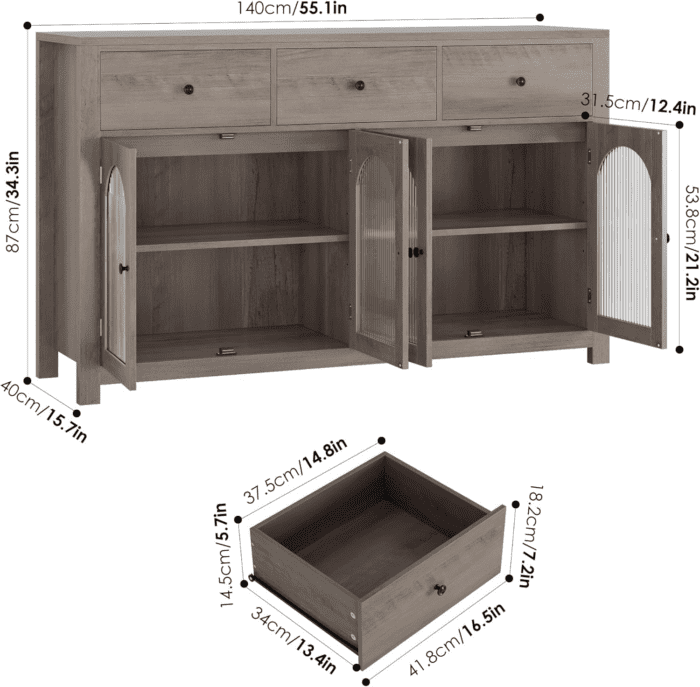 Buffet Cabinet with Storage, 55.1" Large Sideboard Buffet Cabinet, Farmhouse Kitchen Cabinet Display Cabinet with 3 Drawers and 4 Doors, Wood Coffee Bar Cabinet for Kitchen, Ash Grey - Image 2