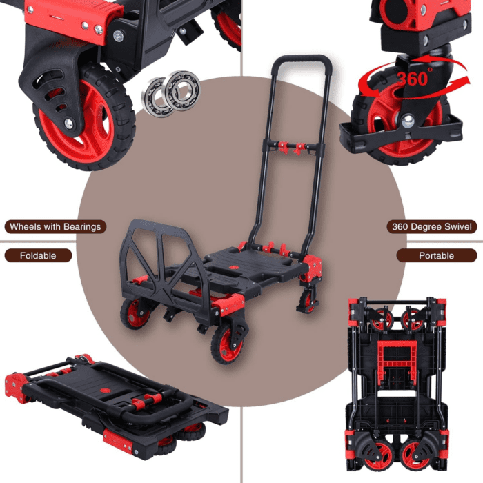 2-In-1 Folding Hand Truck Dolly 330LB Load Carrying,Hand Truck Foldable Dolly with Retractable Handle and 4 Rubber Wheels,Portable Folding Hand Cart for Luggage/Travel/Office - Image 4