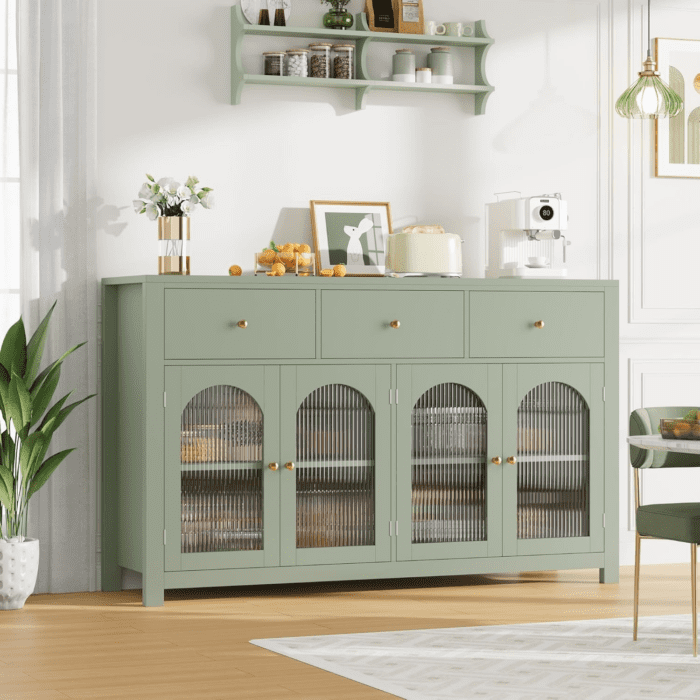 Buffet Cabinet with Storage, 55.1" Large Sideboard Buffet Cabinet, Farmhouse Kitchen Cabinet Display Cabinet with 3 Drawers and 4 Doors, Wood Coffee Bar Cabinet for Kitchen, Green - Image 2