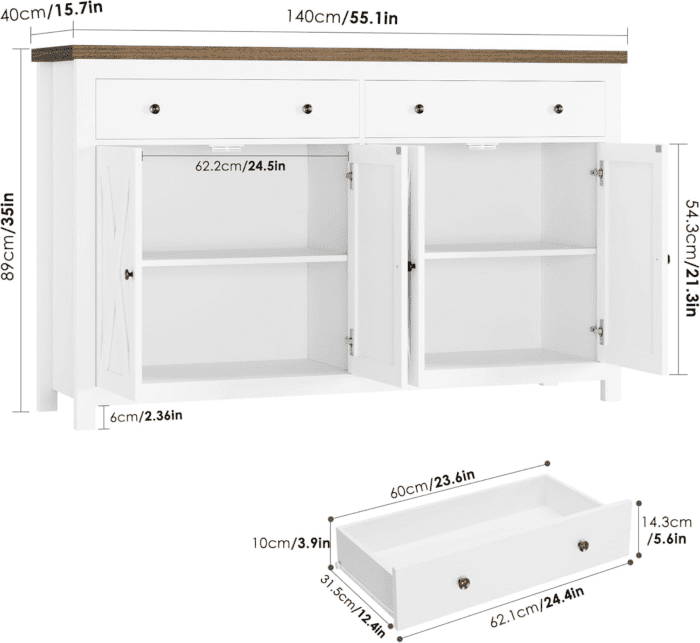 Sideboard Buffet Cabinet with Storage, 55" Large Kitchen Storage Cabinet with 2 Drawers and 4 Doors, Wood Coffee Bar Cabinet Buffet Table Console Cabinet for Kitchen Dining Room, White - Image 3