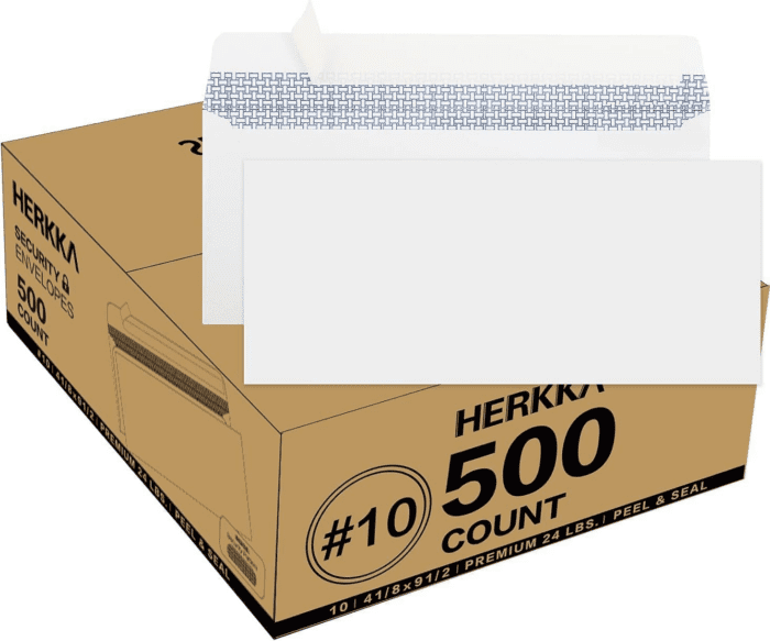 #10 Security Self-Seal Envelopes, No.10 Windowless Bussiness Envelopes, Security Tinted with Printer Friendly Design - Size 4-1/8 X 9-1/2 Inch - White - 24 LB - 500 Pack