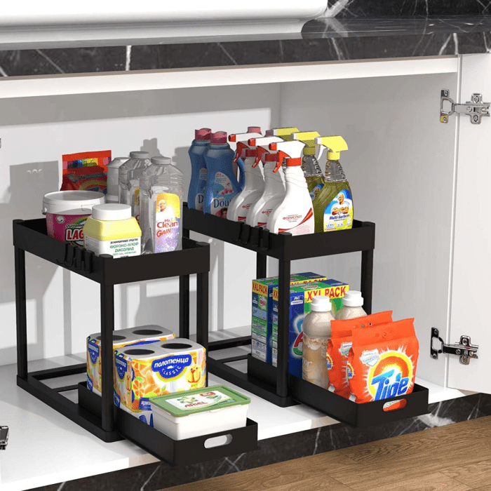 2PC under Sink Organizer Rack 2 Tier under Sliding Cabinet Basket Organizer Drawer with 4 Hooks, Multi-Purpose under Sink Storage for Bathroom Kitchen Desktop（Black） - Image 7