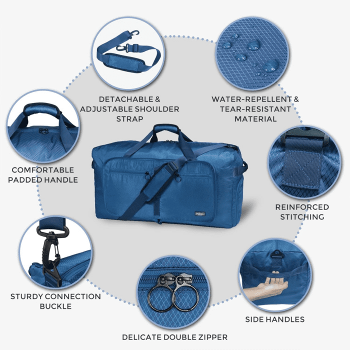 65L Duffle Bag with Shoes Compartment, Foldable Travel Duffel Bags for Men Women, Large Packable Travel Bag Water Repellent & Tear Resistant (Blue) - Image 7