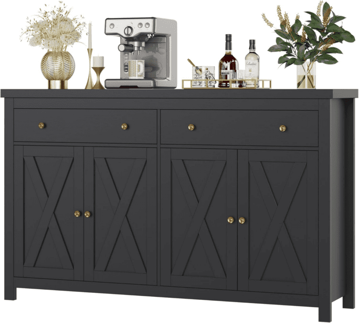 Sideboard Buffet Cabinet with Storage, 55" Large Kitchen Storage Cabinet with 2 Drawers and 4 Doors, Wood Coffee Bar Cabinet Buffet Table Console Cabinet for Kitchen Dining Room, Black