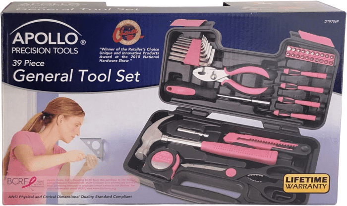 Tools Original 39 Piece General Household Tool Set in Toolbox Storage Case with Essential Hand Tools for Everyday Home Repairs, DIY and Crafts - Pink Ribbon - Pink - DT9706P - Image 8