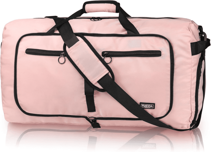 65L Duffle Bag with Shoes Compartment, Foldable Travel Duffel Bags for Men Women, Large Packable Travel Bag Water Repellent & Tear Resistant (Light Pink)