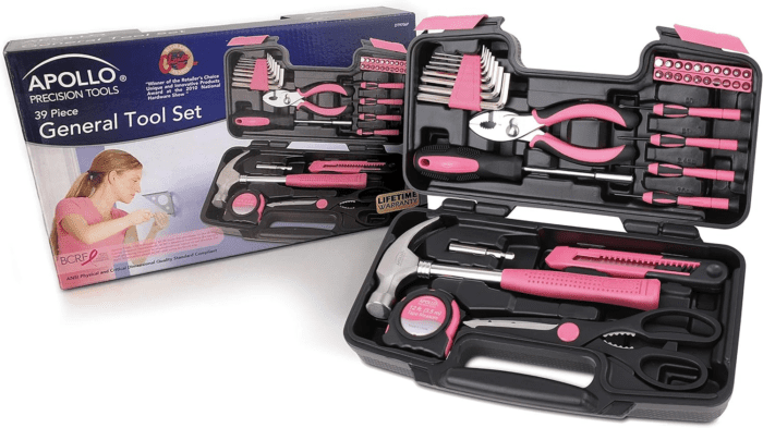 Tools Original 39 Piece General Household Tool Set in Toolbox Storage Case with Essential Hand Tools for Everyday Home Repairs, DIY and Crafts - Pink Ribbon - Pink - DT9706P - Image 2