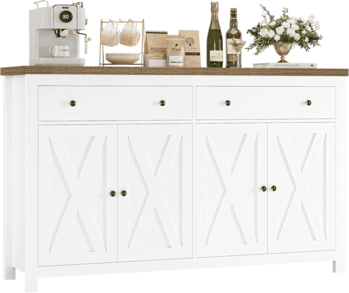 Sideboard Buffet Cabinet with Storage, 55" Large Kitchen Storage Cabinet with 2 Drawers and 4 Doors, Wood Coffee Bar Cabinet Buffet Table Console Cabinet for Kitchen Dining Room, White