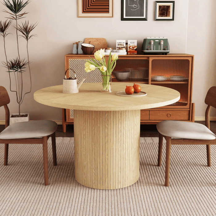 Round Dining Table for 4, Modern Farmhouse Kitchen Table, 47 Inch Small Circle Dining Tables with Wood Strip Base for Kitchen Living Room (Natural)