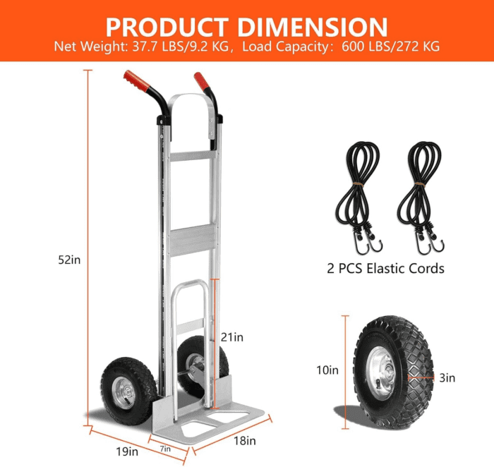 Aluminum Hand Truck 600 LBS Capacity, Handle Heavy Duty Industrial Dolly with 10" Pneumatic Tire and 2 Elastic Cords, Platform Cart for Transport and Moving in Home, Office, Warehouse, Supermarket - Image 2