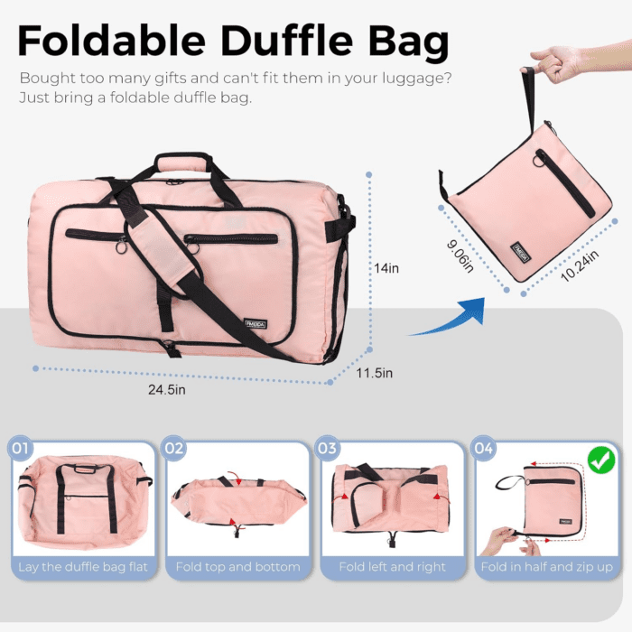 65L Duffle Bag with Shoes Compartment, Foldable Travel Duffel Bags for Men Women, Large Packable Travel Bag Water Repellent & Tear Resistant (Light Pink) - Image 3