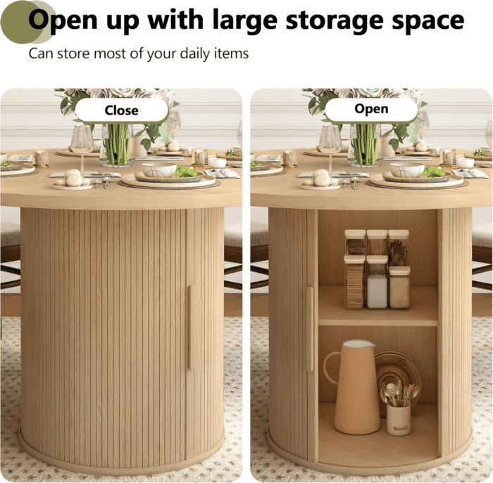 47 Inch round Dining Table for 4, Kitchen Table Dinner Table with 2-Layer Storage Shelf and Wood Slide Door for Home Dining Room Living Room (Natural) - Image 5