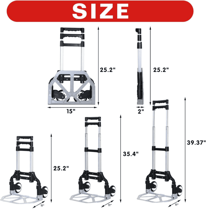 Folding Hand Truck Dolly Cart，Aluminum Portable Hand Cart for Daily Handling Work，200Lbs, with Silent Wheel，Telescoping Handle，Black Bungee Cord, Can Stand Alone，Light Weight - Image 3