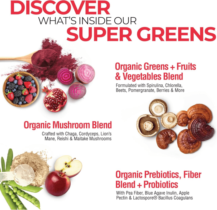 Organic Super Greens Berry Flavor, 50 Organic Super Foods, Packed with Fiber, USDA Organic Drink Mix, Fruits, Vegetables, Mushrooms & Probiotics, Supports Energy, 5G Fiber - Image 3