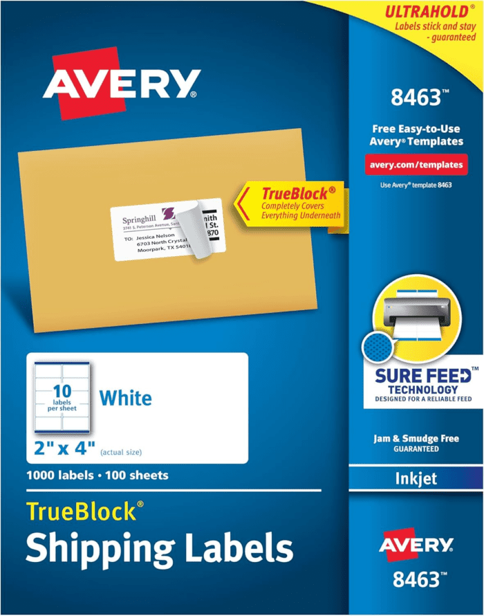 Printable Shipping Labels with Sure Feed, 2" X 4" Customizable Stickers, White, 1,000 Blank Mailing Labels, Great for Mailing, Shipping, and More (8463)