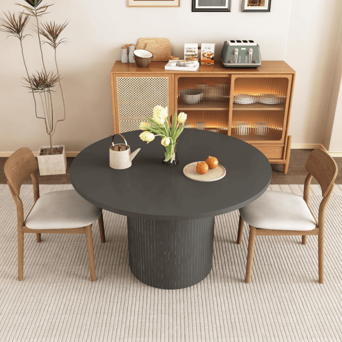 Round Dining Table for 4, Modern Farmhouse Kitchen Table, 47 Inch Small Circle Dining Tables with Wood Strip Base for Kitchen Living Room (Black) - Image 3