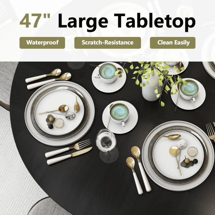 47 Inch round Dining Table for 4, Kitchen Table Dinner Table with 2-Layer Storage Shelf and Wood Slide Door for Home Dining Room Living Room (Black) - Image 4