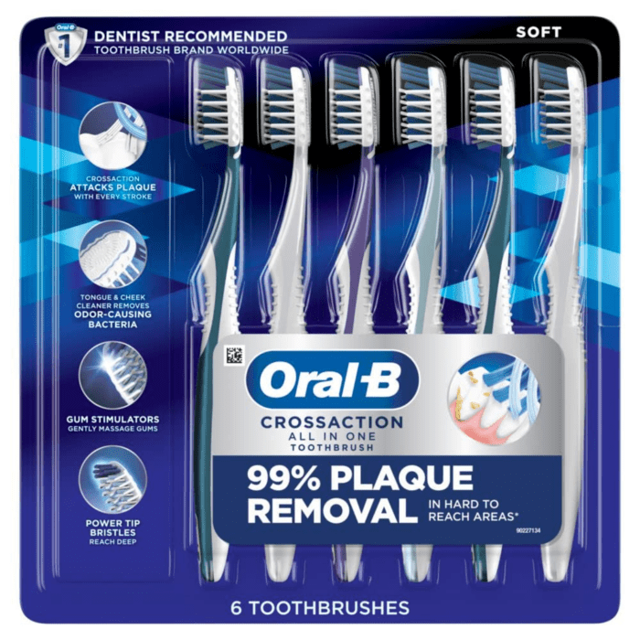 Pro Health Crossaction All in One Soft Toothbrushes, Deep Plaque Fighter, Rounded Bristles Gentle on Teeth, Tongue and Cheek Cleaner, Gum Stimulators, 6 Count, Tooth Brush Pack