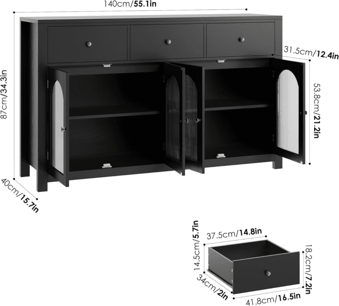 Buffet Cabinet with Storage, 55.1" Large Sideboard Buffet Cabinet, Farmhouse Kitchen Cabinet Display Cabinet with 3 Drawers and 4 Doors, Wood Coffee Bar Cabinet for Kitchen, Black - Image 3