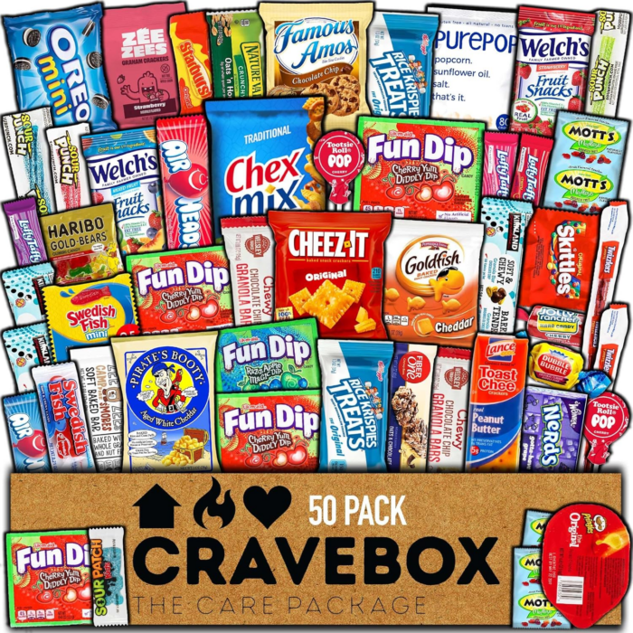 Snack Box (50 Count) Valentines Day Variety Pack Gift Care Package Basket Adult Kid Guy Girl Women Men Birthday College Student Office Back to School