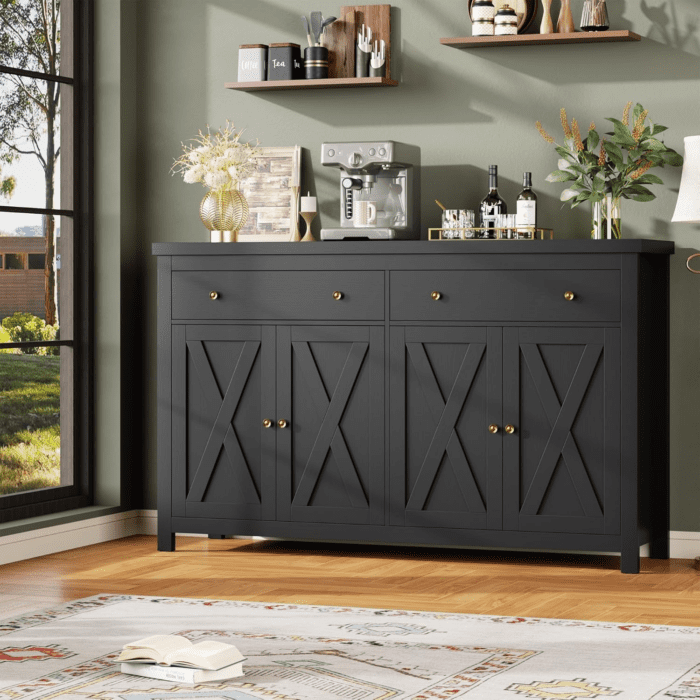 Sideboard Buffet Cabinet with Storage, 55" Large Kitchen Storage Cabinet with 2 Drawers and 4 Doors, Wood Coffee Bar Cabinet Buffet Table Console Cabinet for Kitchen Dining Room, Black - Image 2