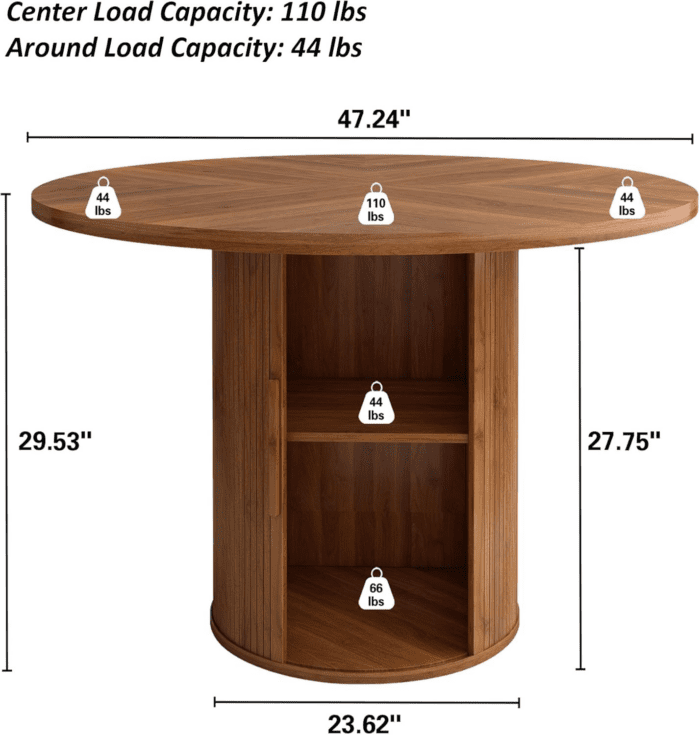 47 Inch round Dining Table for 4, Kitchen Table Dinner Table with 2-Layer Storage Shelf and Wood Slide Door for Home Dining Room Living Room (Walnut) - Image 2