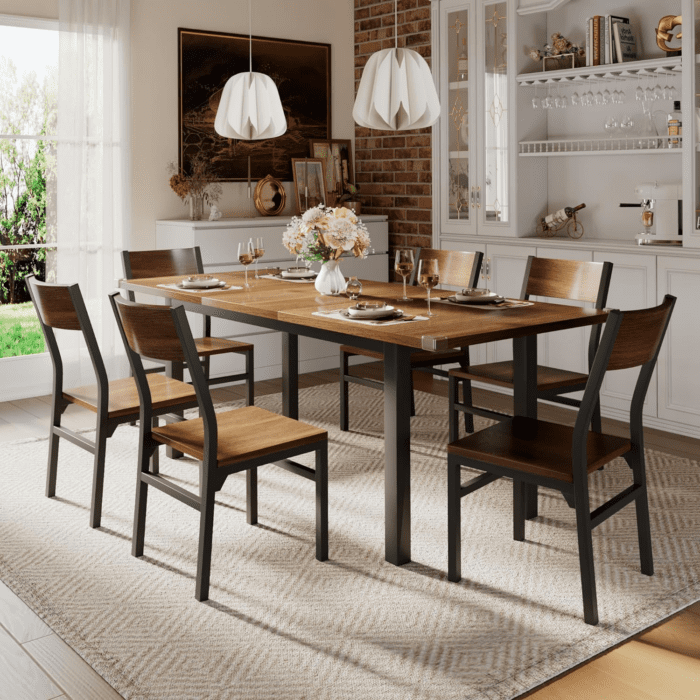 7-Piece Dining Table Set with 6 Chairs, 63" Extendable Kitchen Table & Chairs Set for 4-6, Dining Room Table with Metal Frame & MDF Board, Perfect for Small Space, Easy Clean, Walnut