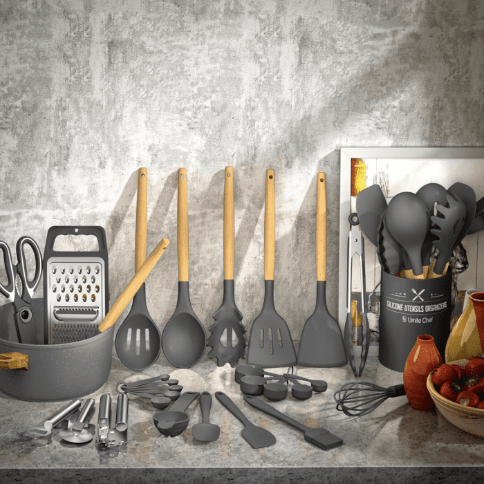 Silicone Kitchen Utensil Set, 34PCS Heat Resistant Kitchen Gadgets and Tools with Grater, Wood Handles for Nonstick Cookware (Dark Gray) - Image 2