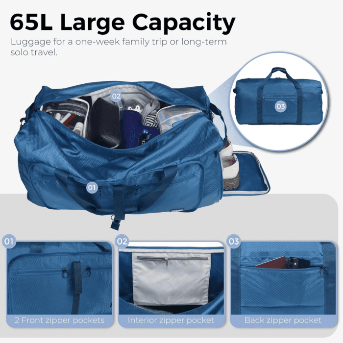 65L Duffle Bag with Shoes Compartment, Foldable Travel Duffel Bags for Men Women, Large Packable Travel Bag Water Repellent & Tear Resistant (Blue) - Image 5