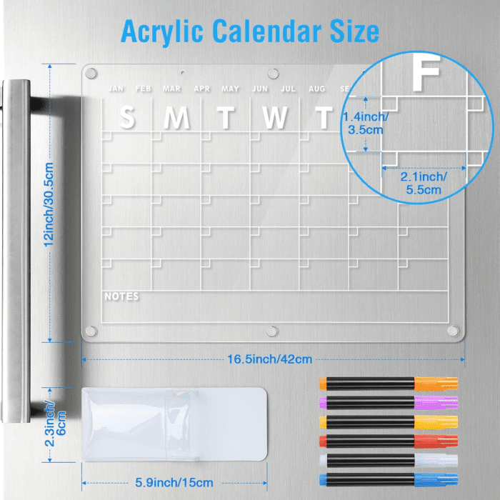 Acrylic Magnetic Dry Erase Board Calendar for Fridge, 16.5"X12" Inch Clear Dry Erase Calendar for Refrigerator, Magnetic Planning Calendar Includes 6 Colors Dry Erase Markers and Magnetic Pen Holder - Image 2