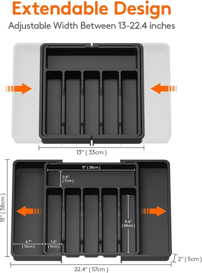 Silverware Drawer Organizer, Expandable Utensil Tray for Kitchen, BPA Free Flatware and Cutlery Holder, Adjustable Plastic Storage for Spoons Forks Knives, Large, Black - Image 3