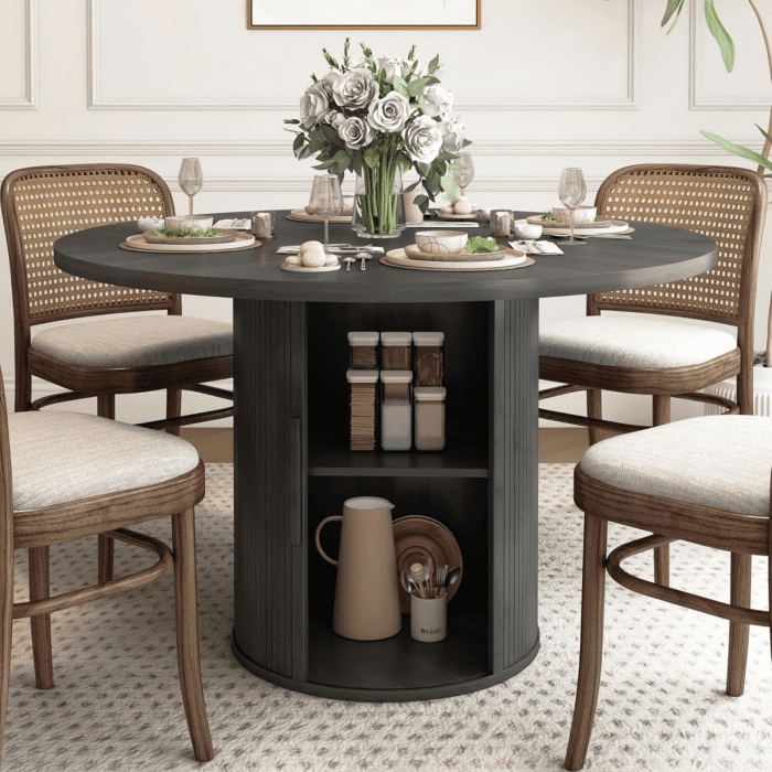 47 Inch round Dining Table for 4, Kitchen Table Dinner Table with 2-Layer Storage Shelf and Wood Slide Door for Home Dining Room Living Room (Black)