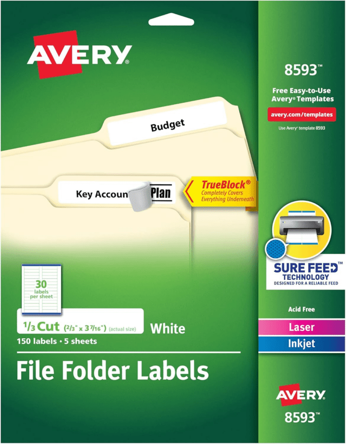 File Folder Labels with Trueblock Technology, Permanent Adhesive, 2/3" X 3-7/16", Laser/Inkjet, 150 Labels (08593)