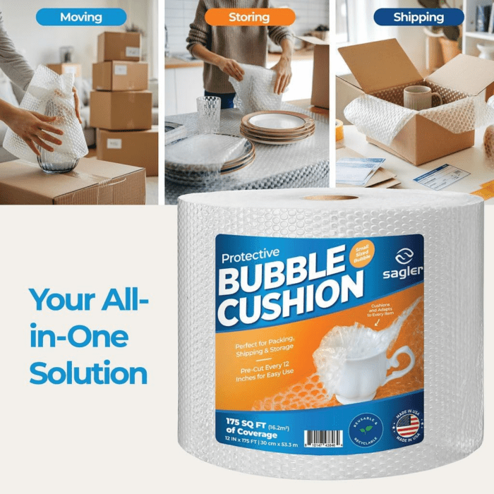 Bubble Cusion for Packing & Moving - 12" Width X 175 FT - Bubble Cusion for Moving, Extra Protection for Shipping, Packaging Boxes & Mailers, Perforated Every 12 IN, Clear Cushioning Wrap - Image 5