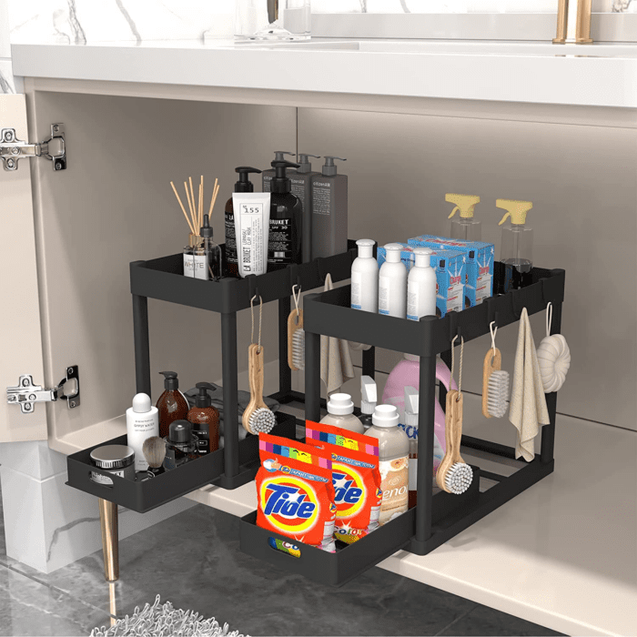 2PC under Sink Organizer Rack 2 Tier under Sliding Cabinet Basket Organizer Drawer with 4 Hooks, Multi-Purpose under Sink Storage for Bathroom Kitchen Desktop（Black） - Image 4