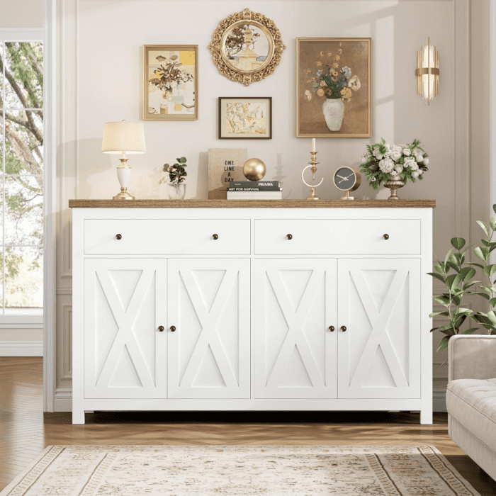 Sideboard Buffet Cabinet with Storage, 55" Large Kitchen Storage Cabinet with 2 Drawers and 4 Doors, Wood Coffee Bar Cabinet Buffet Table Console Cabinet for Kitchen Dining Room, White - Image 4